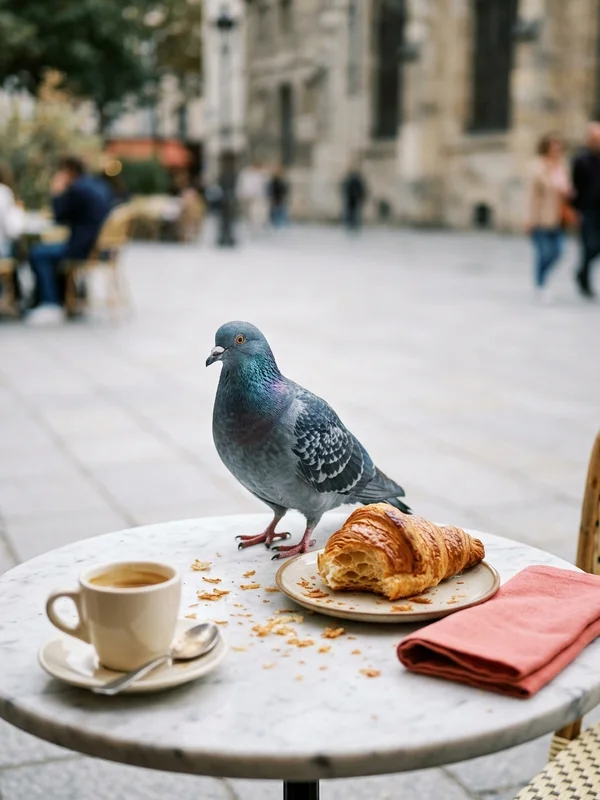 A pigeon on a café table next to a half-eaten croissant