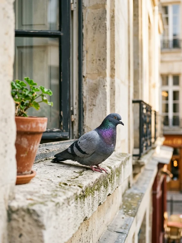 A pigeon on a sunny stone windowsill beside a flower pot