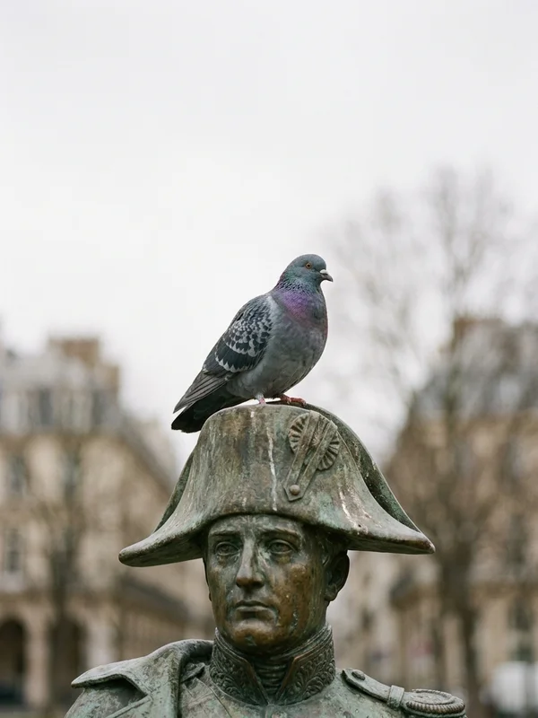 A pigeon standing on the hat of a bronze statue of a general