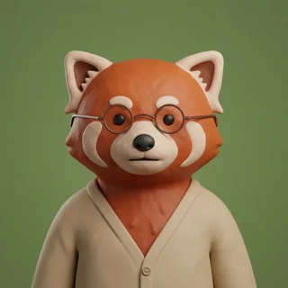 Clay headshot of Mei, a red panda wearing round glasses and a beige cardigan