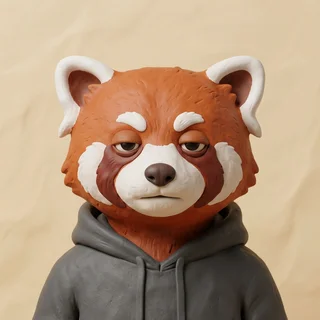 Clay headshot of Pabu, a drowsy young red panda in a dark grey hoodie