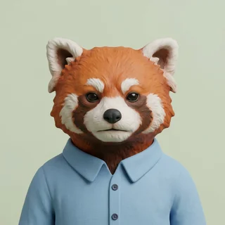 Clay headshot of Rusty, a red panda in a light blue collared shirt