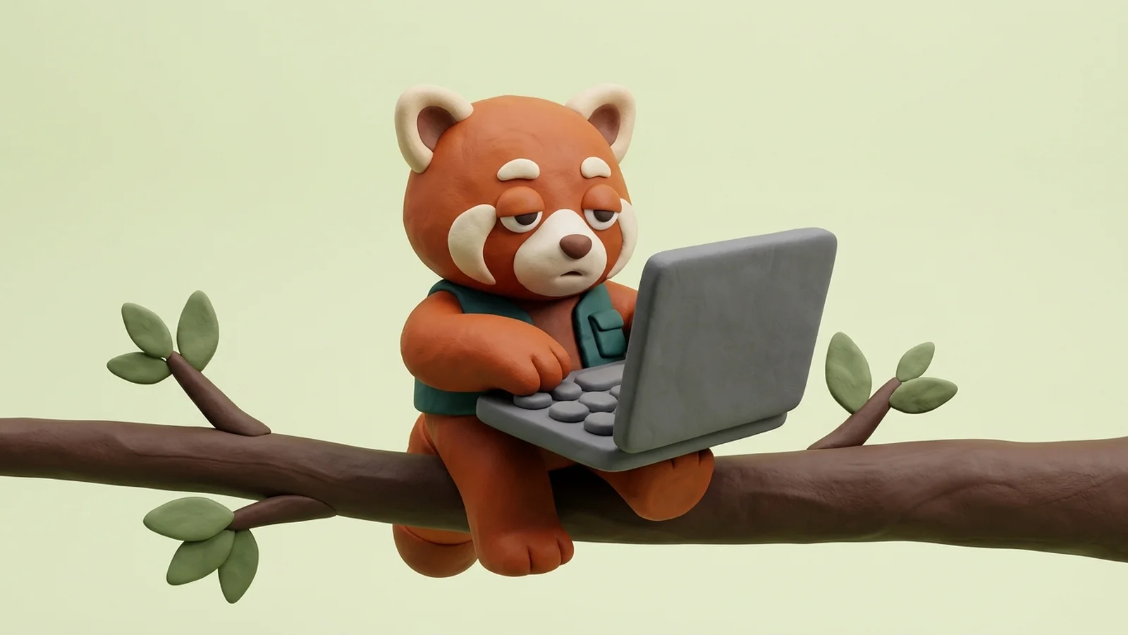 A clay red panda typing on a plain clay laptop while sitting on a tree branch