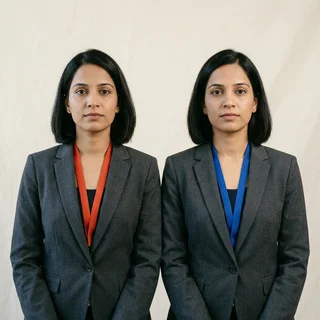 Priya Raman and her twin sister in matching charcoal blazers, one wearing a vermilion lanyard and one a blue lanyard.