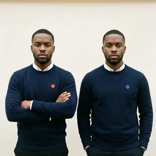 Teddy Okonkwo-Hale and his twin brother in matching navy sweaters, one with arms crossed.
