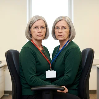 Ines and Ilse Varga, identical twins in green cardigans, sharing one office chair and one badge.