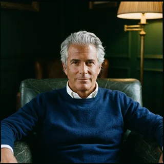 Graham Ashford, silver-haired, in a navy sweater, seated in a green leather club chair.