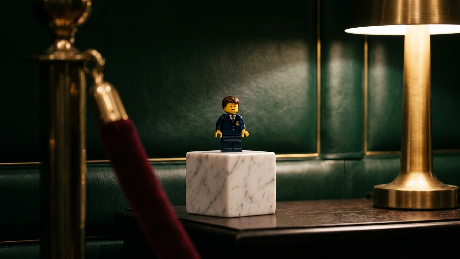 A small block figure in a navy school blazer standing on a marble plinth in a dark green leather club room, beside a brass lamp and a velvet rope.