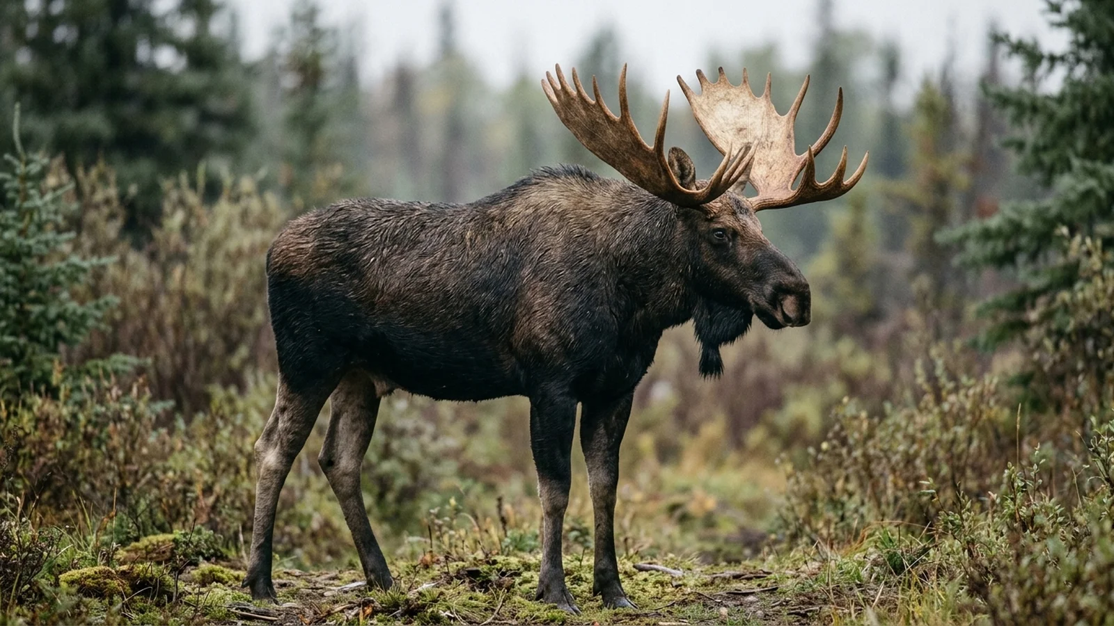 An adult bull moose with full palmate antlers standing in profile in a boreal wetland, photographed as a catalogued natural-history specimen.