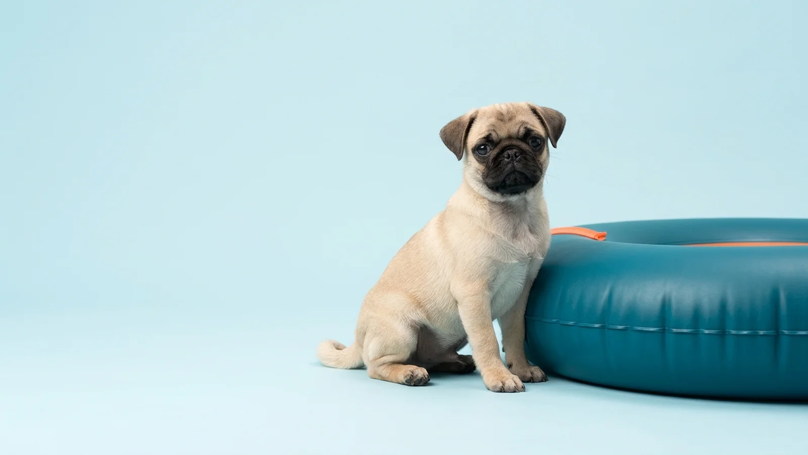 A fawn pug sitting upright beside a deep teal inflatable float on a pale blue studio backdrop.