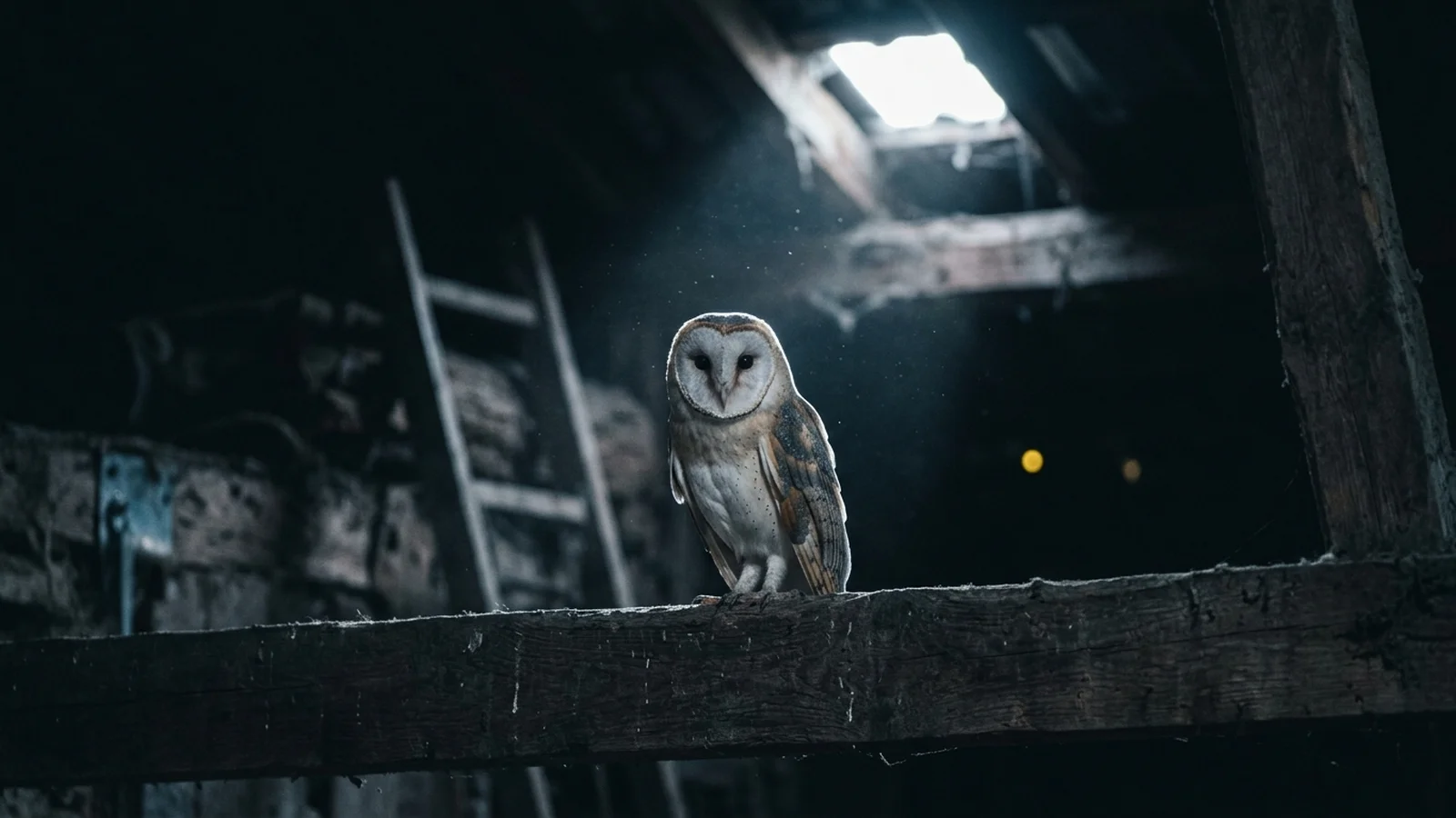 A barn owl perched on a beam in a dark barn loft, lit by moonlight from a roof opening