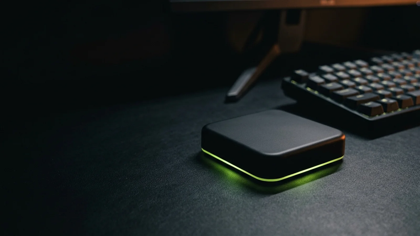 A matte black Hotbar card reader glowing lime green on a dark gaming desk