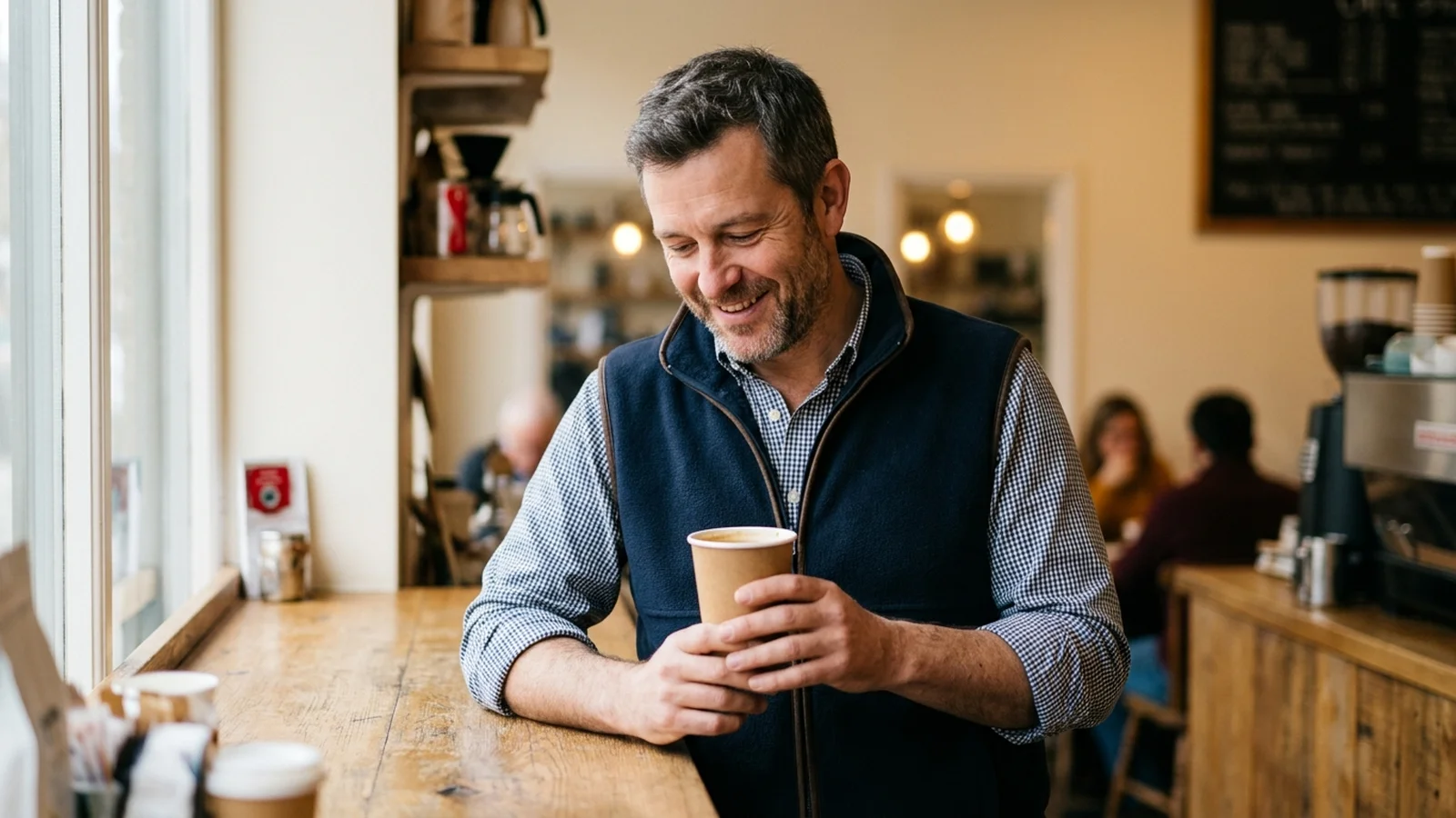 A man in a navy fleece vest smiling at a kraft paper coffee cup at a cafe counter