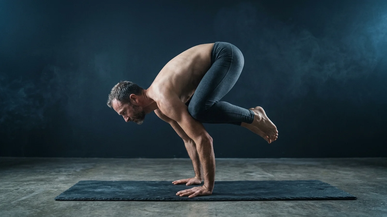 A yogi balancing in crow pose on a dark slate mat, lit in cool blue