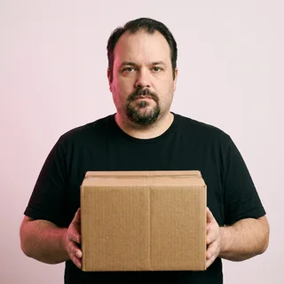 Dale Pruitt holding an unopened cardboard box.