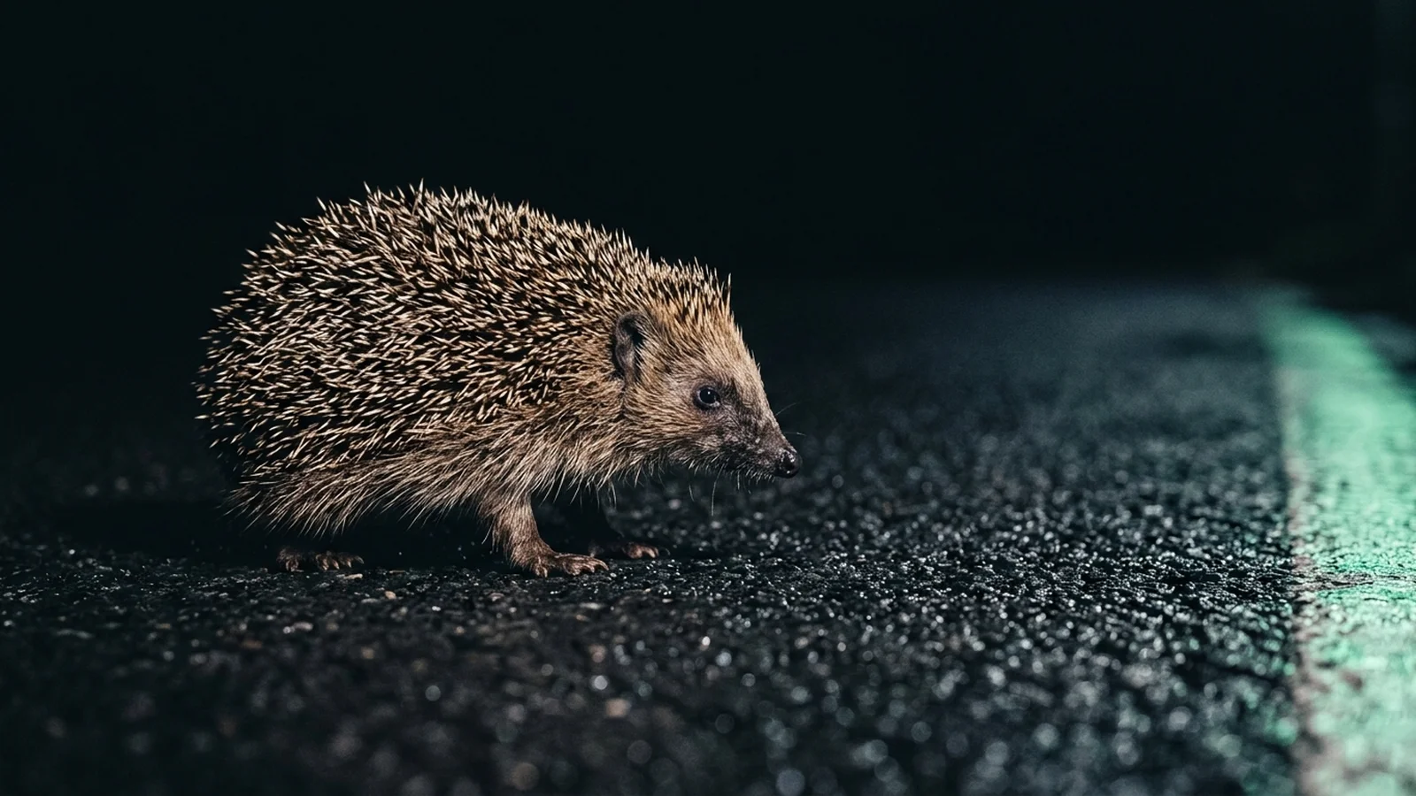 A hedgehog standing on wet asphalt at night, lit from one side.