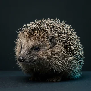 Portrait of a hedgehog in three-quarter view against a dark backdrop.