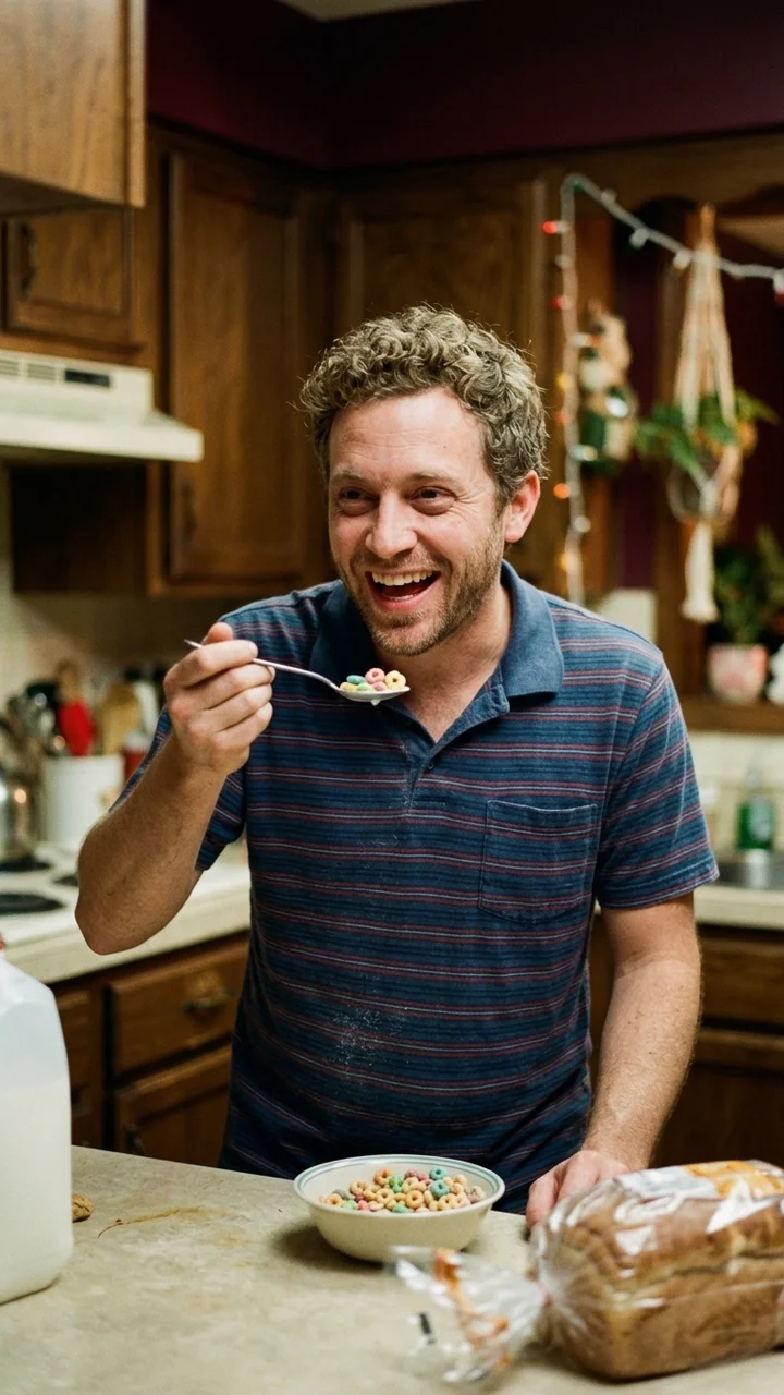 A man in a kitchen delivering a cereal commercial grin with a raised spoon