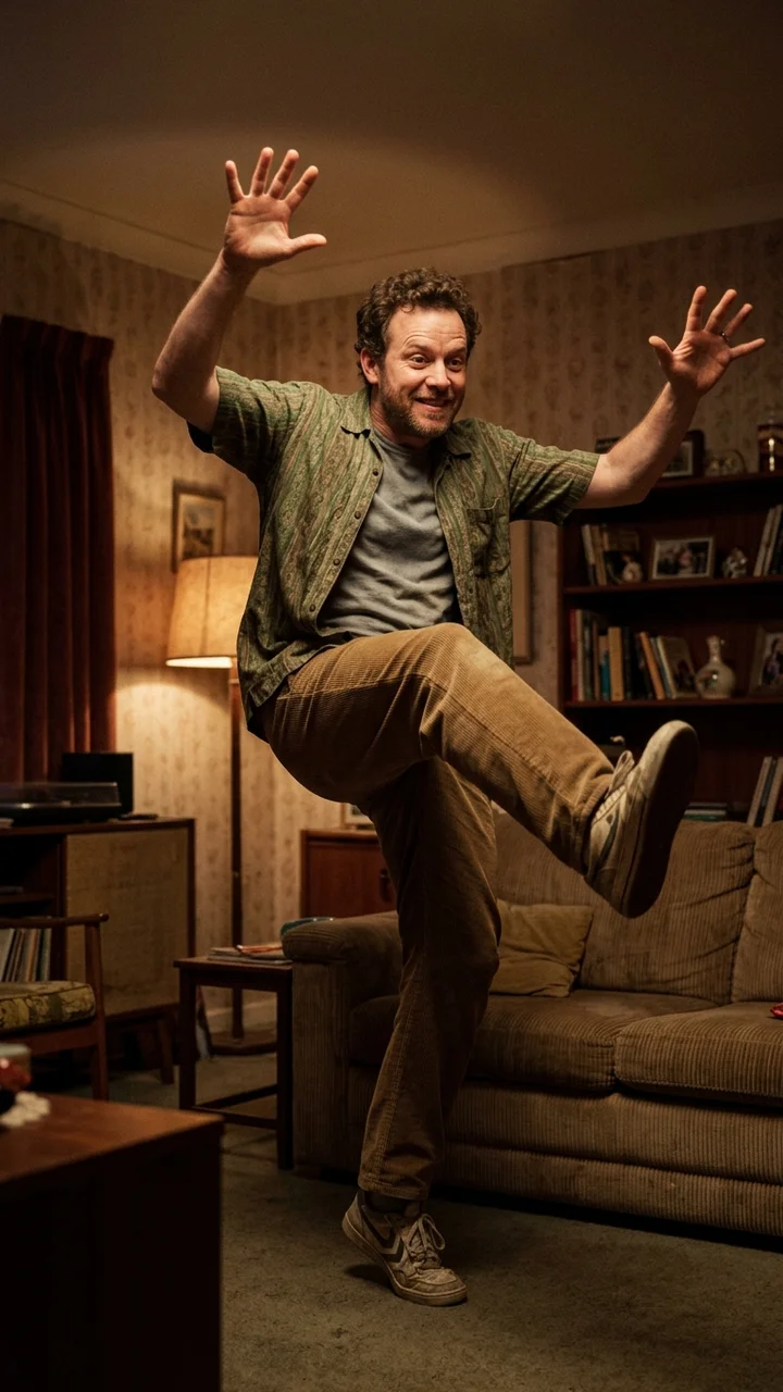A man mid-move in a signature dance from a bygone kids show