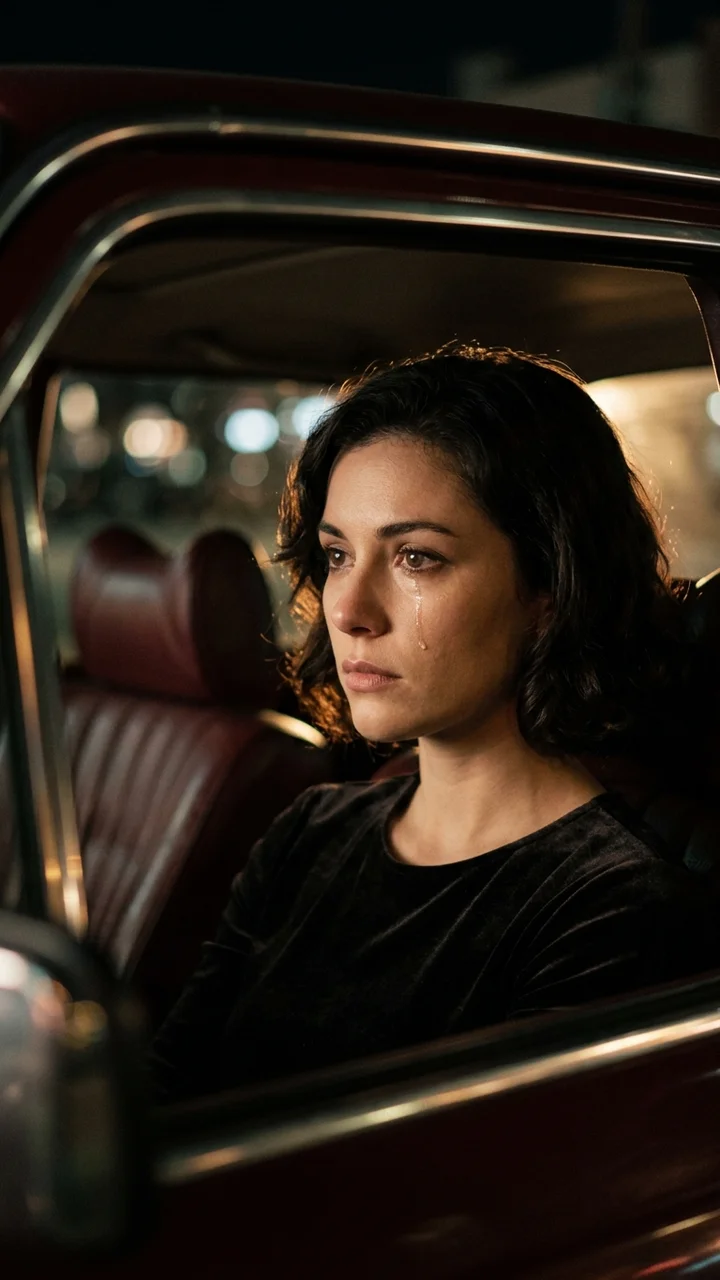 A woman in a parked car at night performing a single practiced tear