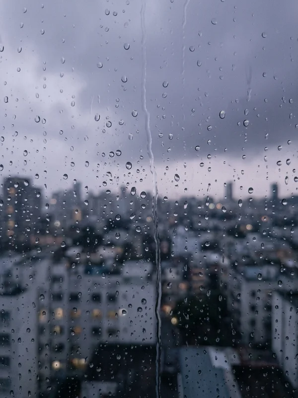 A quiet video still: rain on a window at dusk