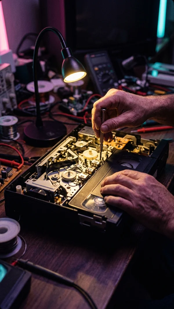 Hands repairing an open VHS deck