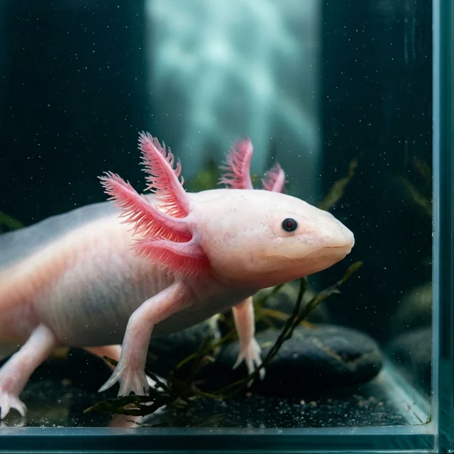 Bartholomew, a leucistic axolotl photographed through tank glass