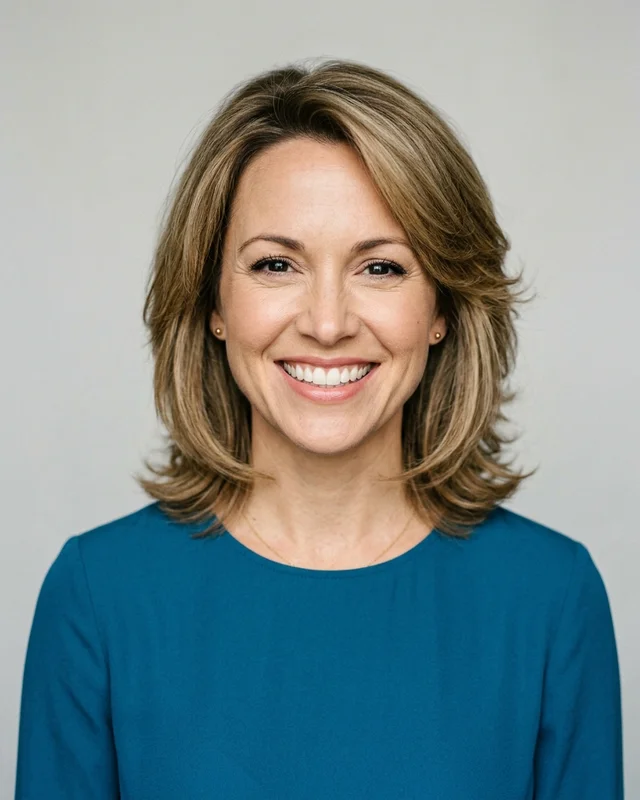 Headshot of a woman in a teal blouse with a very rehearsed smile