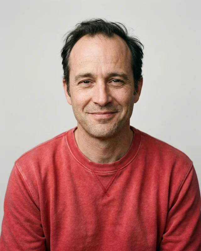 Headshot of a man in a faded red sweatshirt