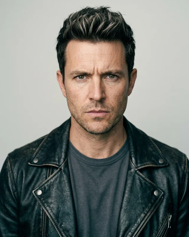 Headshot of a man in a leather jacket, staring