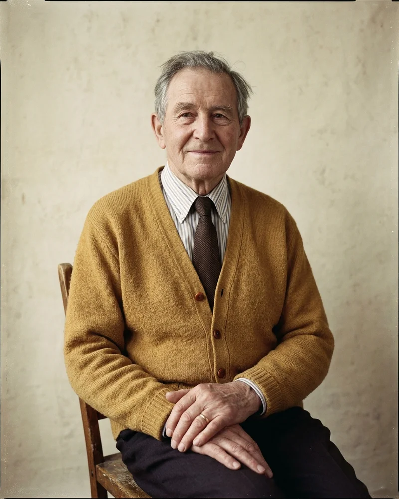 Today's match: a gentleman in a mustard cardigan, seated formally