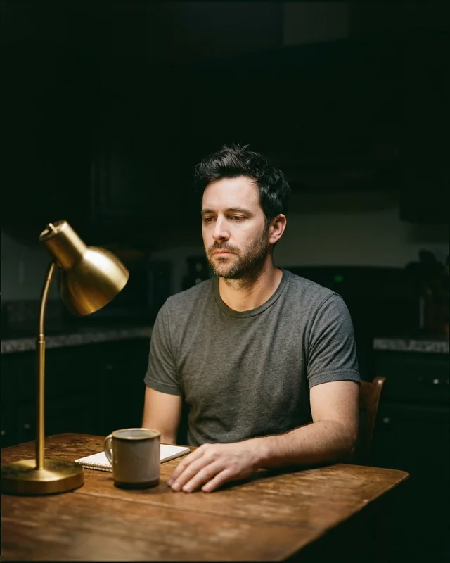 Marcus sitting alone at a kitchen table at night under a brass lamp.