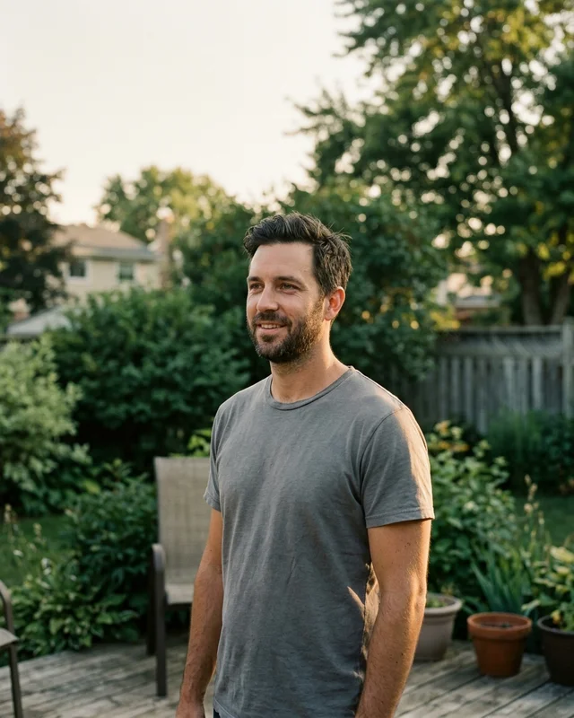Marcus standing in a sunlit backyard in late afternoon, half smiling.