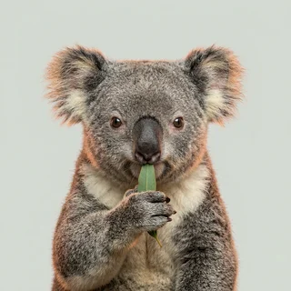 Bev Manna, a koala holding a eucalyptus leaf