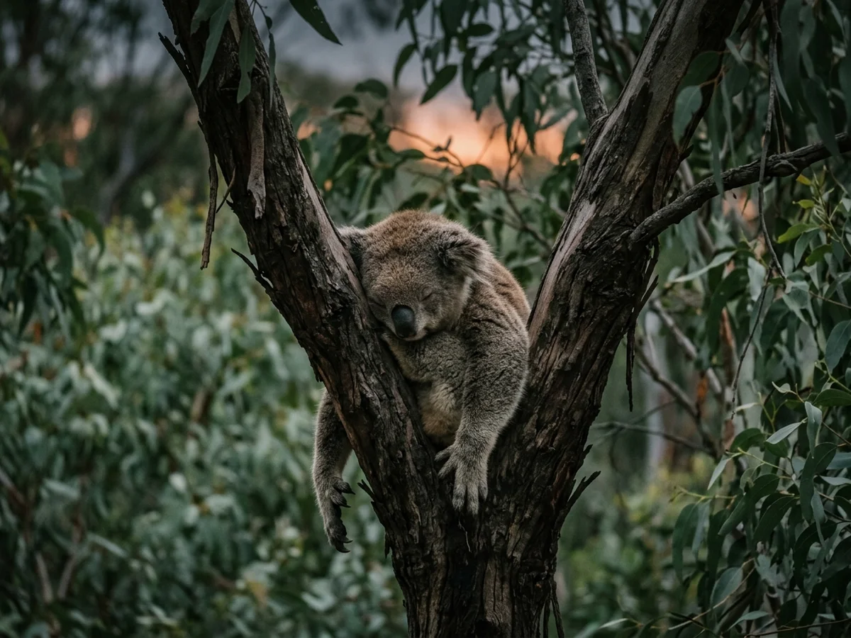 A koala asleep in the fork of a eucalyptus tree at dusk