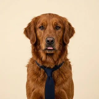 Cooper, a red golden retriever in a tie