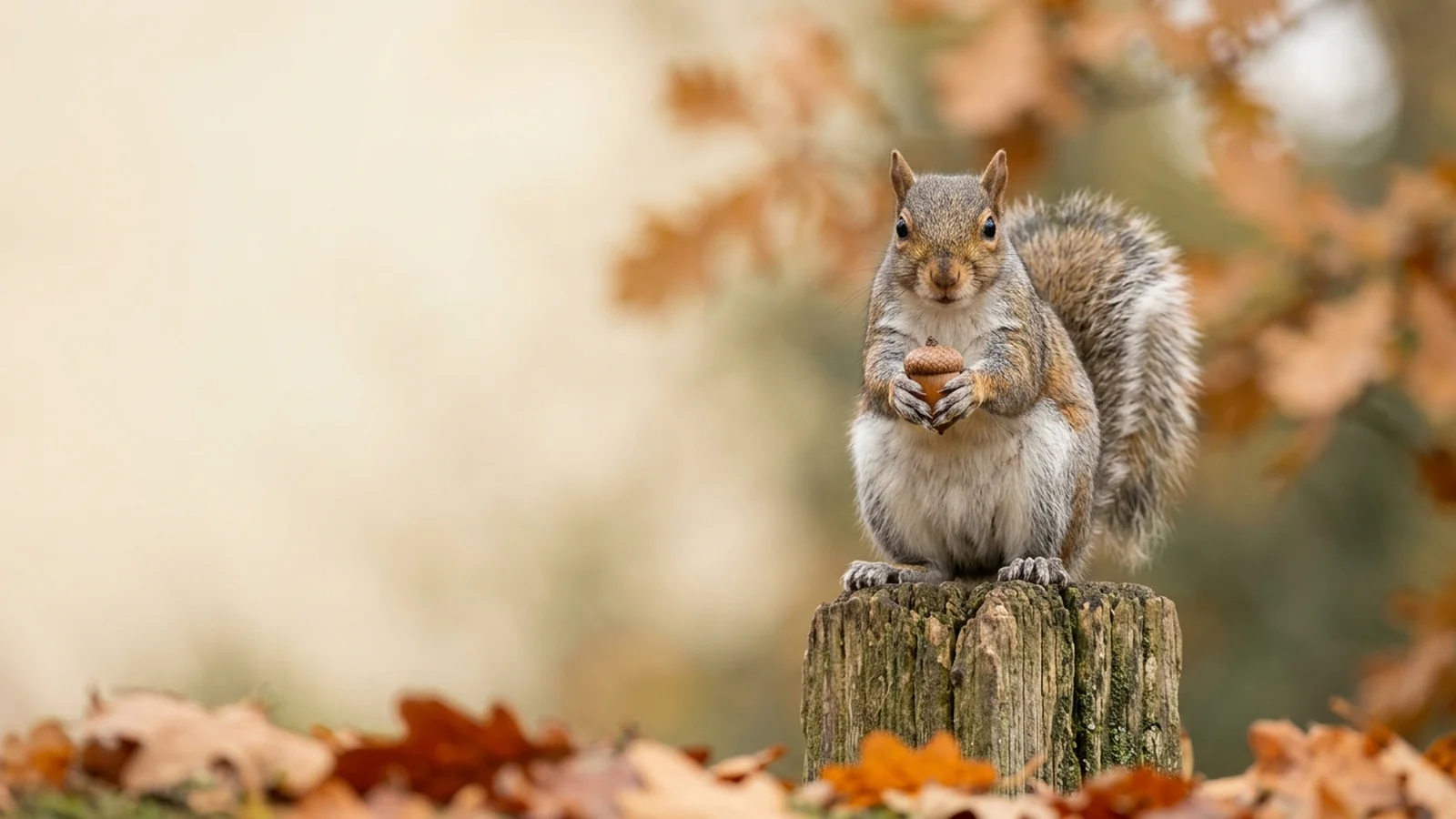 A grey squirrel on a fence post holding an acorn, looking at the camera