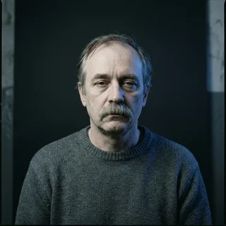 Neil Abbasi, photographed head-on under a single cold light.